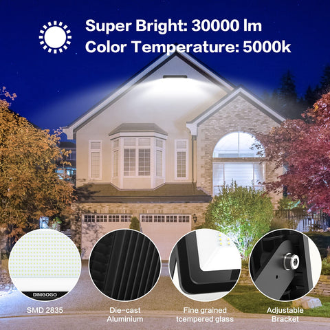 Image of DIMGOGO 300W LED Flood Light, 30000lm 5000K Daylight White with Plug, IP66 Waterproof