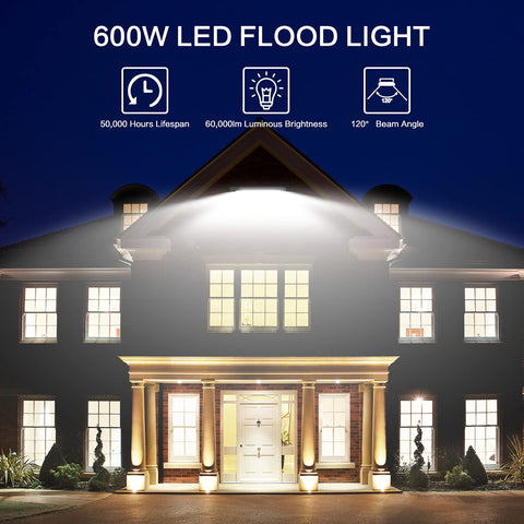 Image of DIMGOGO 600W LED Flood Light, 60000lm 5000K Daylight White with Plug, IP66 Waterproof