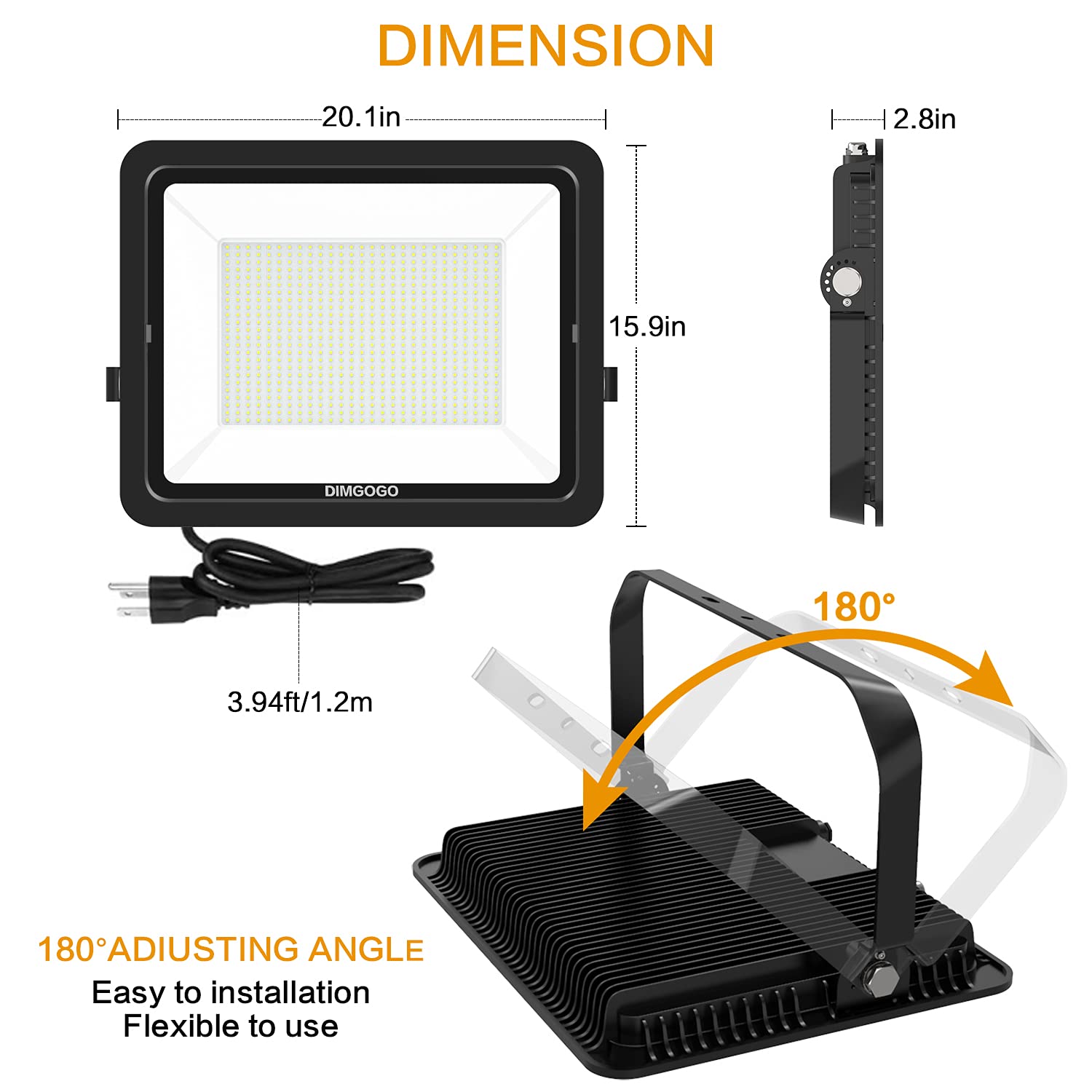 DIMGOGO 600W LED Flood Light, 60000lm 5000K Daylight White with Plug, IP66 Waterproof